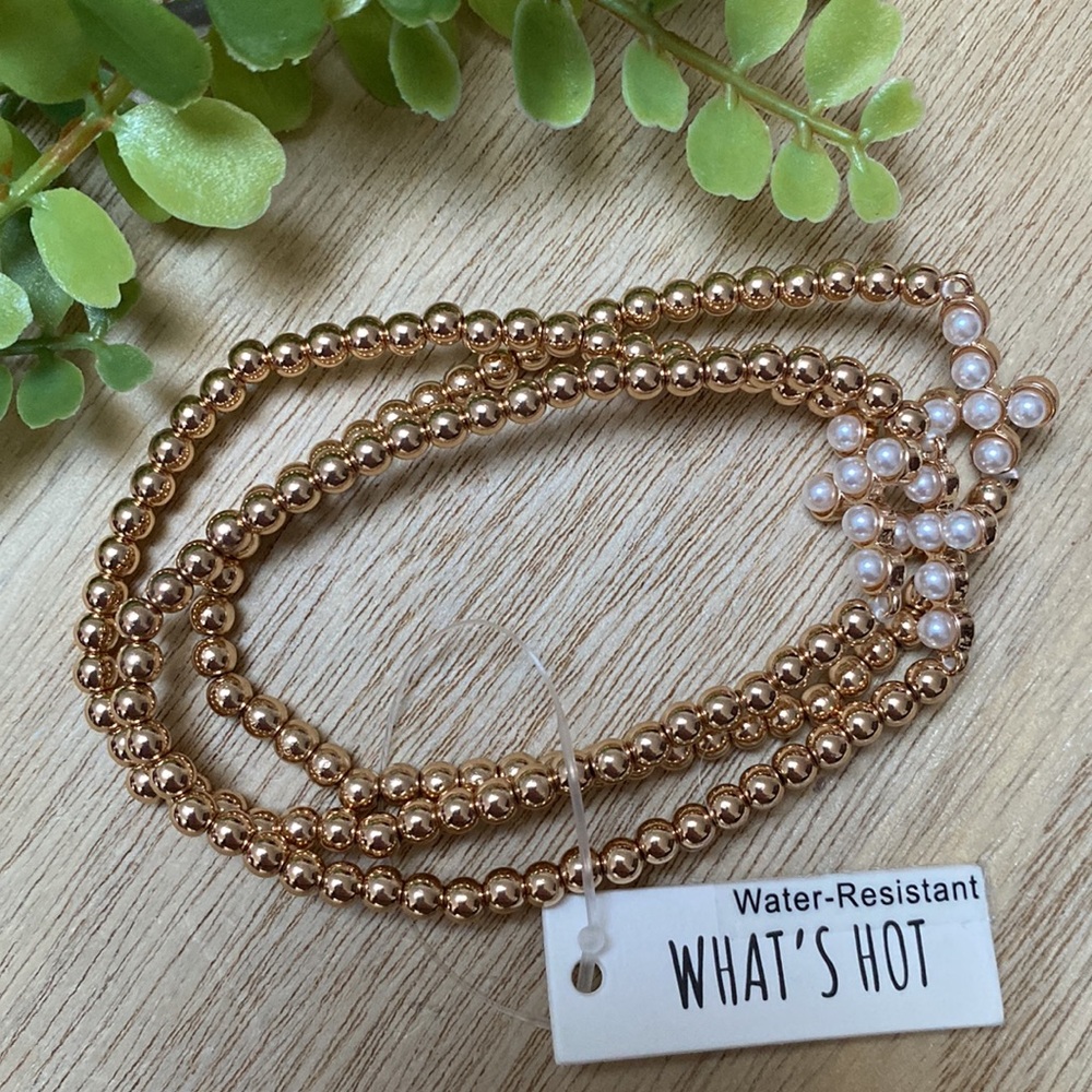 What’s Hot Gold Bead Pearl Cross Stretch Bracelets - Set of 3 💗 Gold
